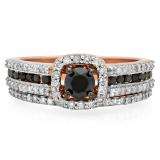 1.00 Carat (ctw) 18K Rose Gold Round Black And White Diamond Ladies Bridal Halo Style Engagement Ring With Wedding Band Set 1 CT