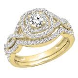 1.00 Carat (ctw) 10K Yellow Gold Round Cut White Diamond Ladies Swirl Bridal Split Shank Halo Engagement Ring With Matching Band Set 1 CT