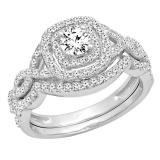 1.00 Carat (ctw) 14K White Gold Round Cut White Diamond Ladies Swirl Bridal Split Shank Halo Engagement Ring With Matching Band Set 1 CT