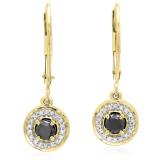 0.50 Carat (ctw) 10K Yellow Gold Round Cut Black & White Diamond Ladies Halo Style Dangling Drop Earrings 1/2 CT