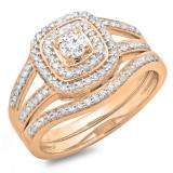 0.60 Carat (ctw) 18K Rose Gold Round Cut Diamond Ladies Bridal Split Shank Halo Engagement Ring With Matching Band Set