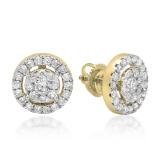 1.15 Carat (ctw) 18K Yellow Gold Round Cut White Diamond Ladies Cluster Style Stud Earrings