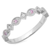 0.10 Carat (ctw) 18K White Gold Round Pink Sapphire & Diamond Ladies Vintage Style Millgrain Stackable Wedding Band 1/10 CT