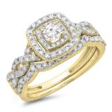 0.95 Carat (ctw) 10K Yellow Gold Round Cut White Diamond Ladies Swirl Bridal Split Shank Halo Engagement Ring With Matching Band Set 1 CT