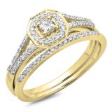 0.40 Carat (ctw) 18K Yellow Gold Princess & Round Cut Diamond Ladies Split Shank Halo Bridal Engagement Ring With Matching Band Set
