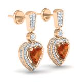 2.20 Carat (ctw) 14K Rose Gold Heart Cut Red Garnet & Round Cut White Diamond Ladies Heart Dangling Earrings