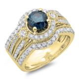 1.90 Carat (ctw) 10K Yellow Gold Round Cut Blue & White Diamond Ladies Bridal Halo Engagement Ring