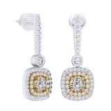 0.90 Carat (ctw) 18K White & Yellow Gold Two Tone Round Yellow & White Diamond Ladies Halo Style Dangling Drop Earrings