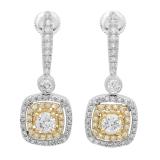 0.90 Carat (ctw) 18K White & Yellow Gold Two Tone Round Yellow & White Diamond Ladies Halo Style Dangling Drop Earrings