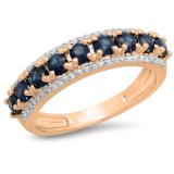 1.15 Carat (ctw) 10K Rose Gold Round Blue Sapphire & White Diamond Ladies Anniversary Wedding Band Stackable Ring