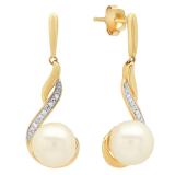 0.12 Carat (ctw) 14K Yellow Gold 8 MM Each Pearl & Round White Diamond Ladies Dangling Drop Earrings