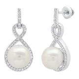 Sterling Silver 8 MM Each Round White Freshwater Pearl & Diamond Ladies Infinity Drop Earrings