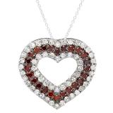 0.95 Carat (ctw) Round Red & White Diamond Ladies Layered Open Heart Pendant 1 CT, 10K White Gold