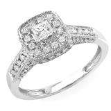0.85 Carat (ctw) 14k White Gold Princess & Round Diamond Ladies Halo Style Engagement Bridal Ring