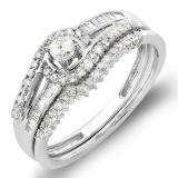 0.50 Carat (ctw) 10K White Gold Round Baguette Diamond Ladies Swirl Engagement Matching Band Halo Style Bridal Ring Set