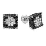 0.85 Carat (ctw) Sterling Silver Mens Ladies Unisex Round Black & White Diamond Micro Pave Ice Cube Stud Earrings