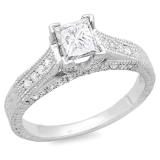 1.07 Carat (ctw) 14k White Gold Princess & Round Diamond Ladies Bridal Ring