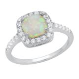 7 mm Cushion Lab Created Opal & Round White Sapphire Ladies Halo Engagement Ring | Sterling Silver