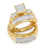 0.45 Carat (ctw) 18K Yellow Gold Plated Sterling Silver Round White Diamond Men & Womens Micro Pave Engagement Ring Trio Bridal Set