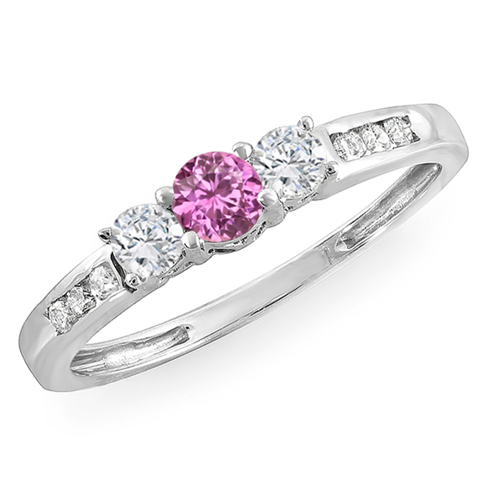 Dazzlingrock Collection 18K Round Pink Sapphire And White Diamond 5 Stone  Bridal Engagement Ring Set, White Gold, Size 5.5