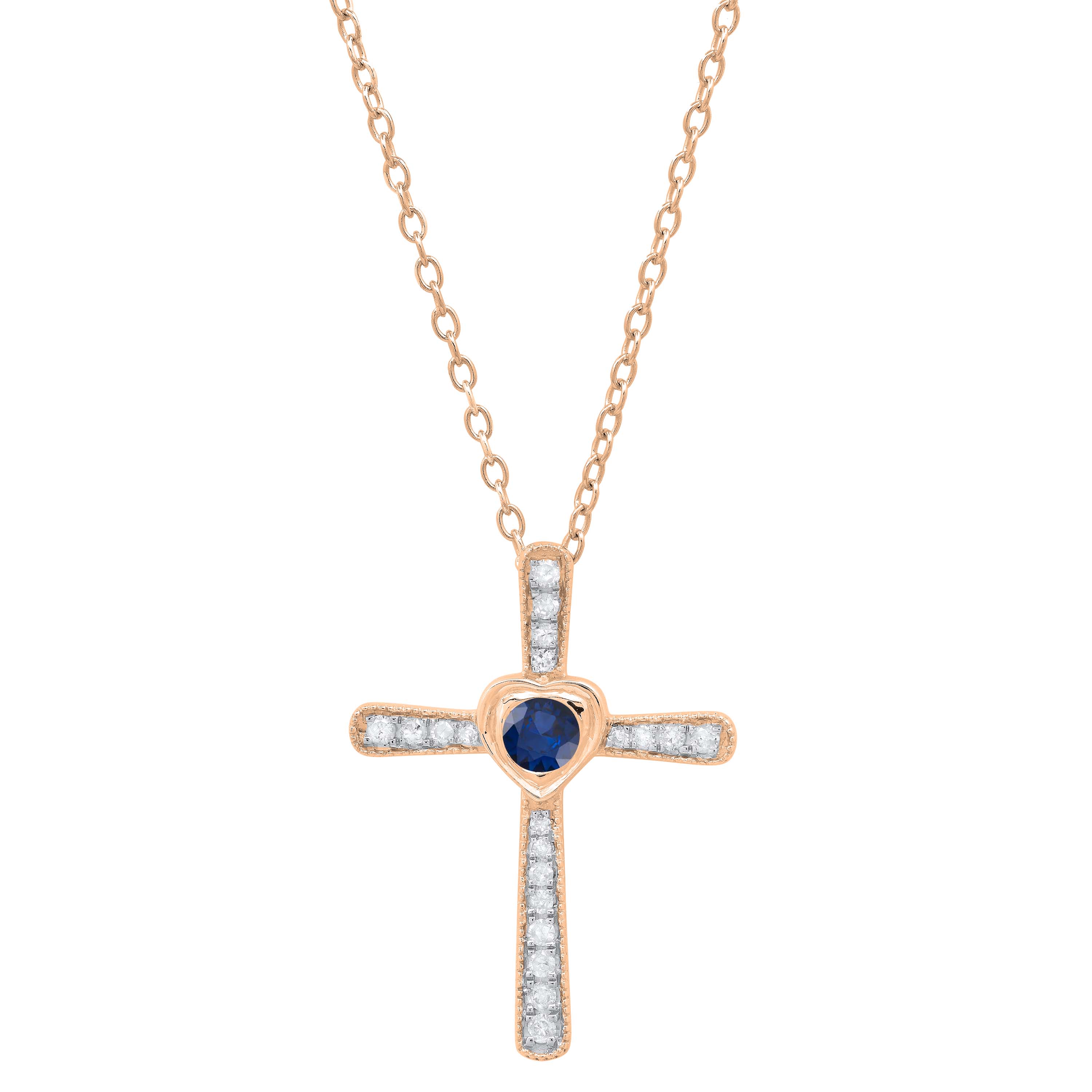 Buy 3.5 mm Round Blue Sapphire & White Diamond Ladies Heart Cross
