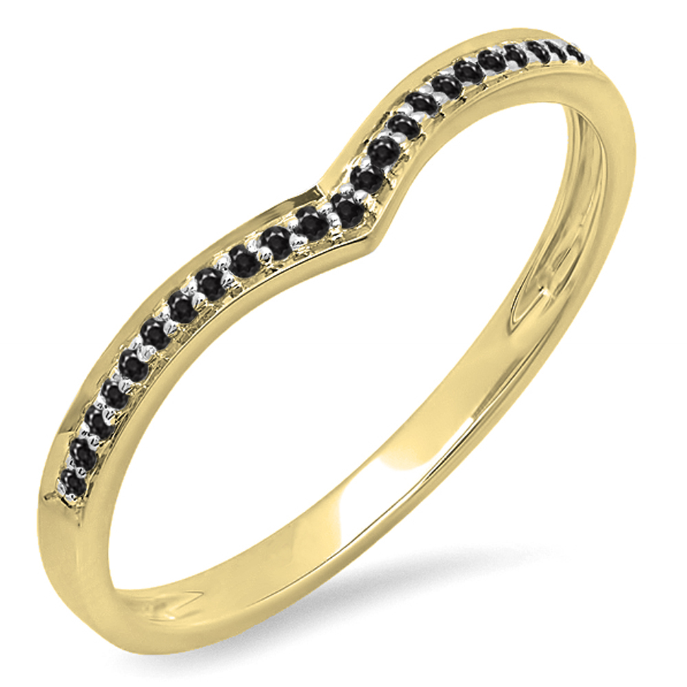 0.10 Carat (ctw) 18k Yellow Gold Round Real Black Diamond Ladies Wedding  Stackable Band Anniversary Guard Chevron Ring 1/10 CT