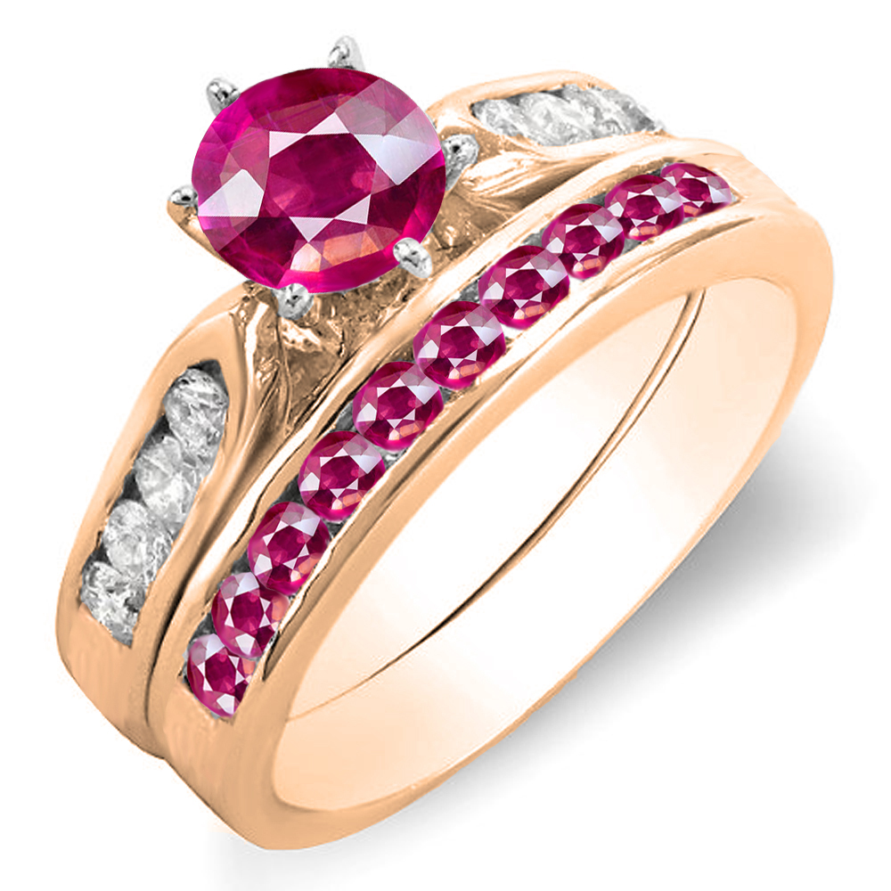 Dazzlingrock Collection 18K Round Pink Sapphire And White Diamond 5 Stone  Bridal Engagement Ring Set, White Gold, Size 5.5