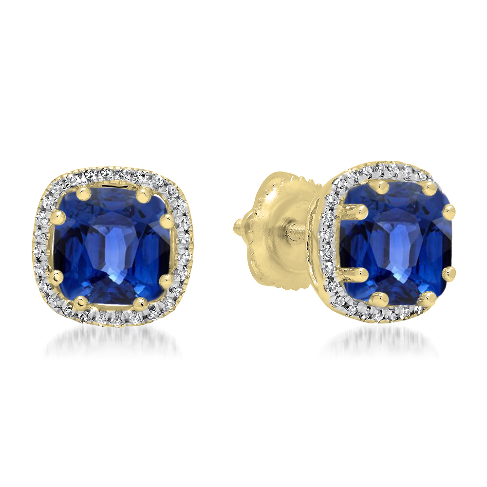 2.40 Carat (ctw) 14K Yellow Gold Cushion Cut Blue Sapphire & Round Cut  White Diamond Ladies Halo Style Stud Earrings