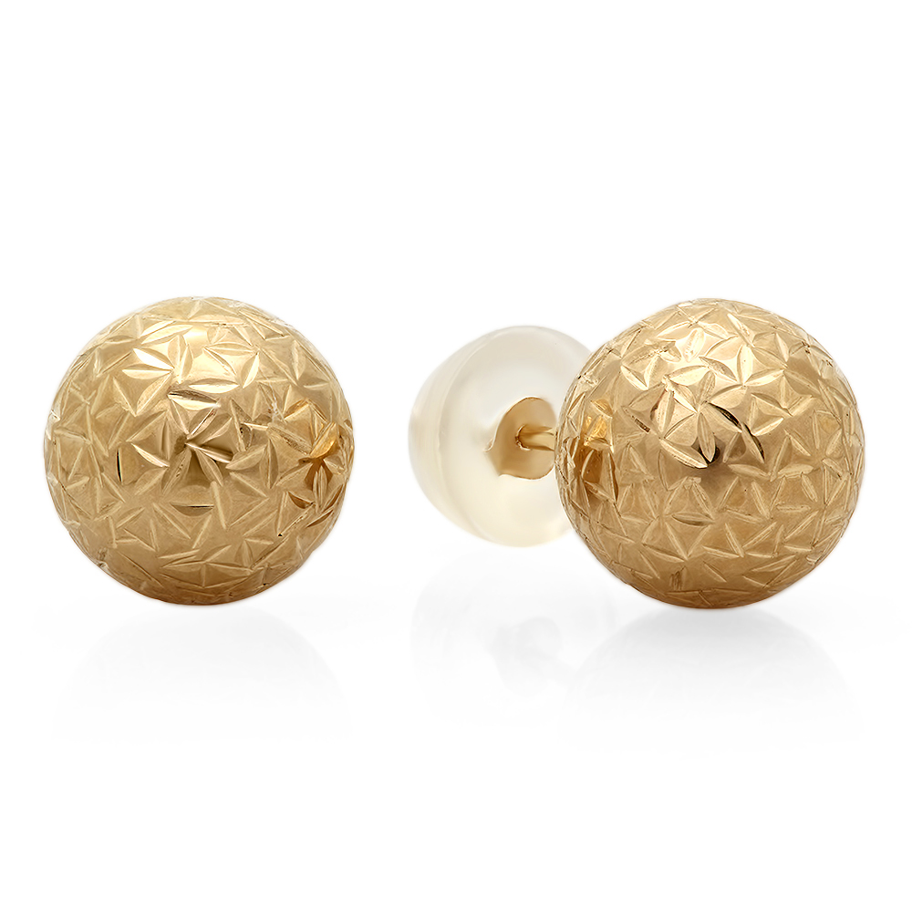 Buy 14K Yellow Gold Ball 8mm Crystal Cut Stud Earrings with Silicon ...