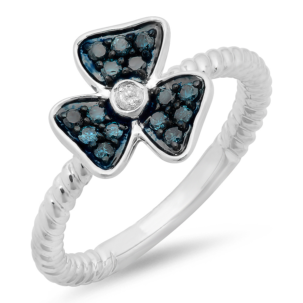 0.25 Carat (ctw) Sterling Silver Round Blue & White Diamond Ladies Cocktail  Right Hand Flower Ring 1/4 CT