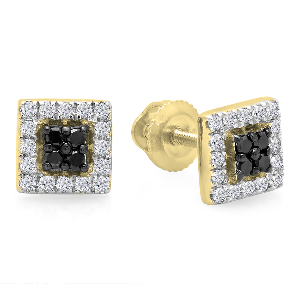 0.25 Carat (ctw) 10K Yellow Gold Round Cut Black & White Diamond Square  Shaped Stud Earrings 1/4 CT