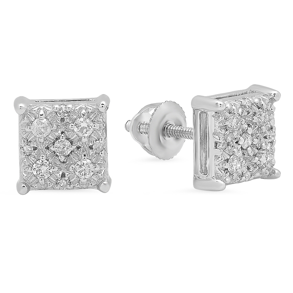 0.20 Carat (ctw) 10K White Gold Round White Diamond Ladies Square Shape  Stud Earrings 1/5 CT