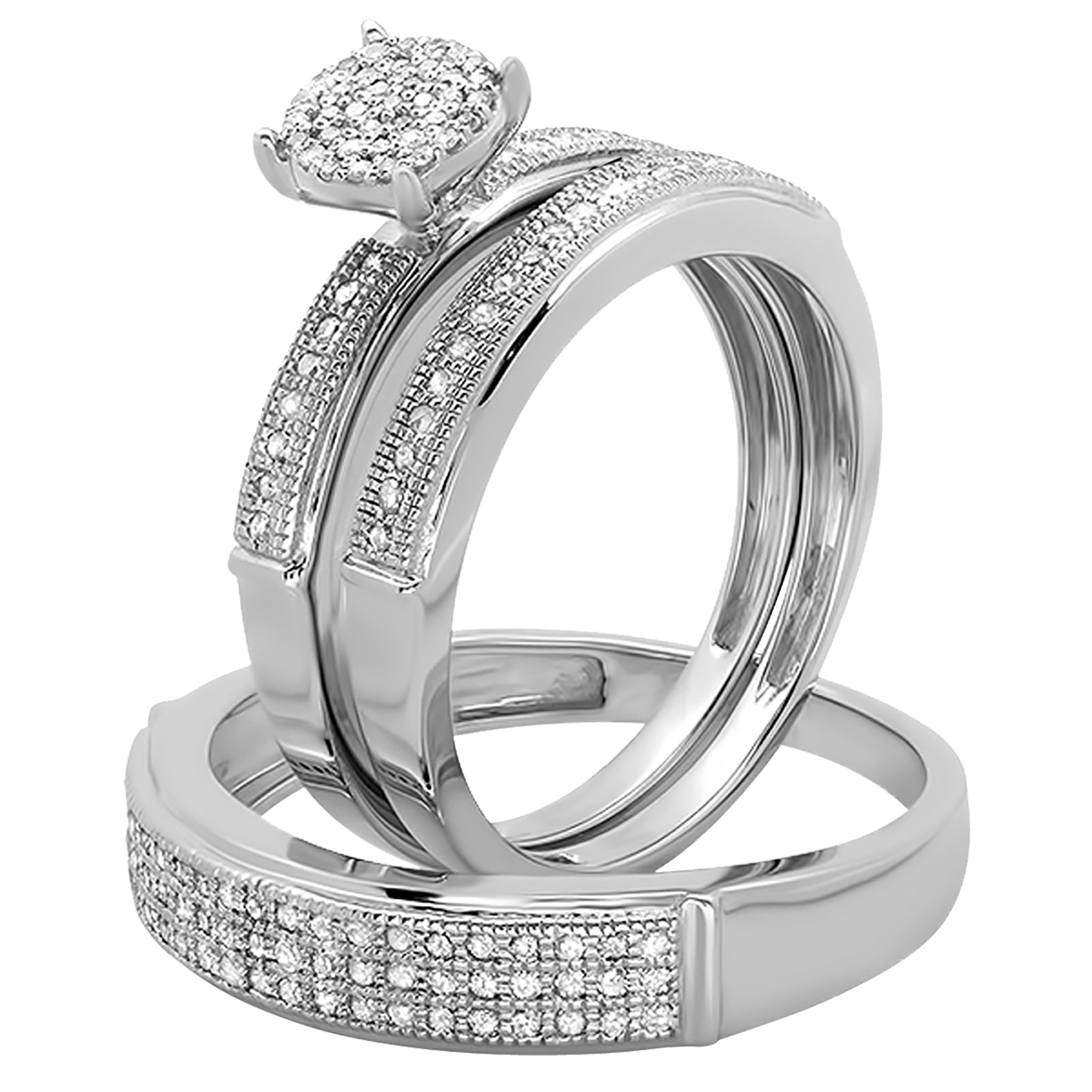 Buy 0.48 Carat (ctw) Sterling Silver Round Diamond Men & Women's Engagement  Ring Trio Bridal Set 1/2 CT Online at Dazzling Rock