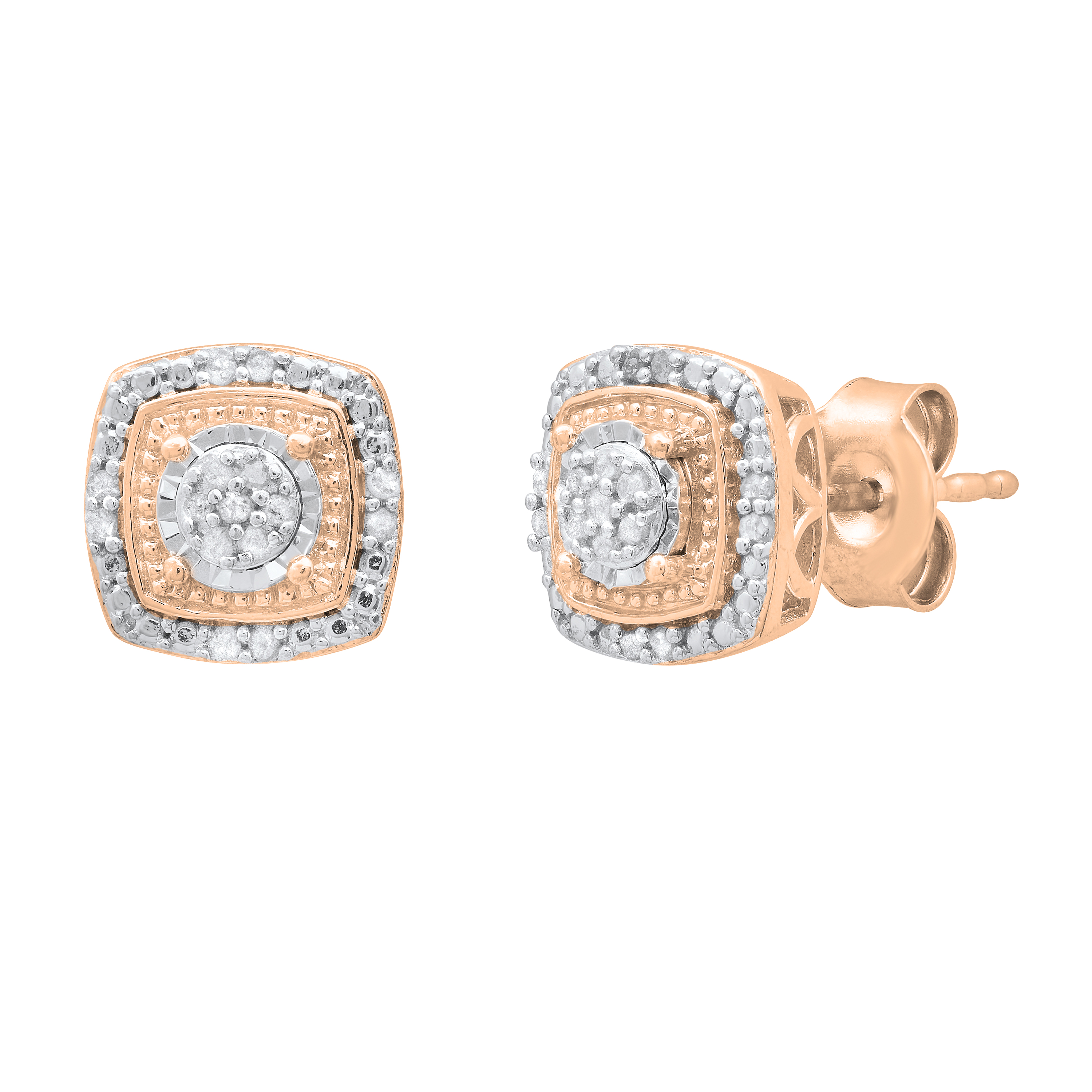 14K Rose Gold Cushion Halo Cluster Stud Earings