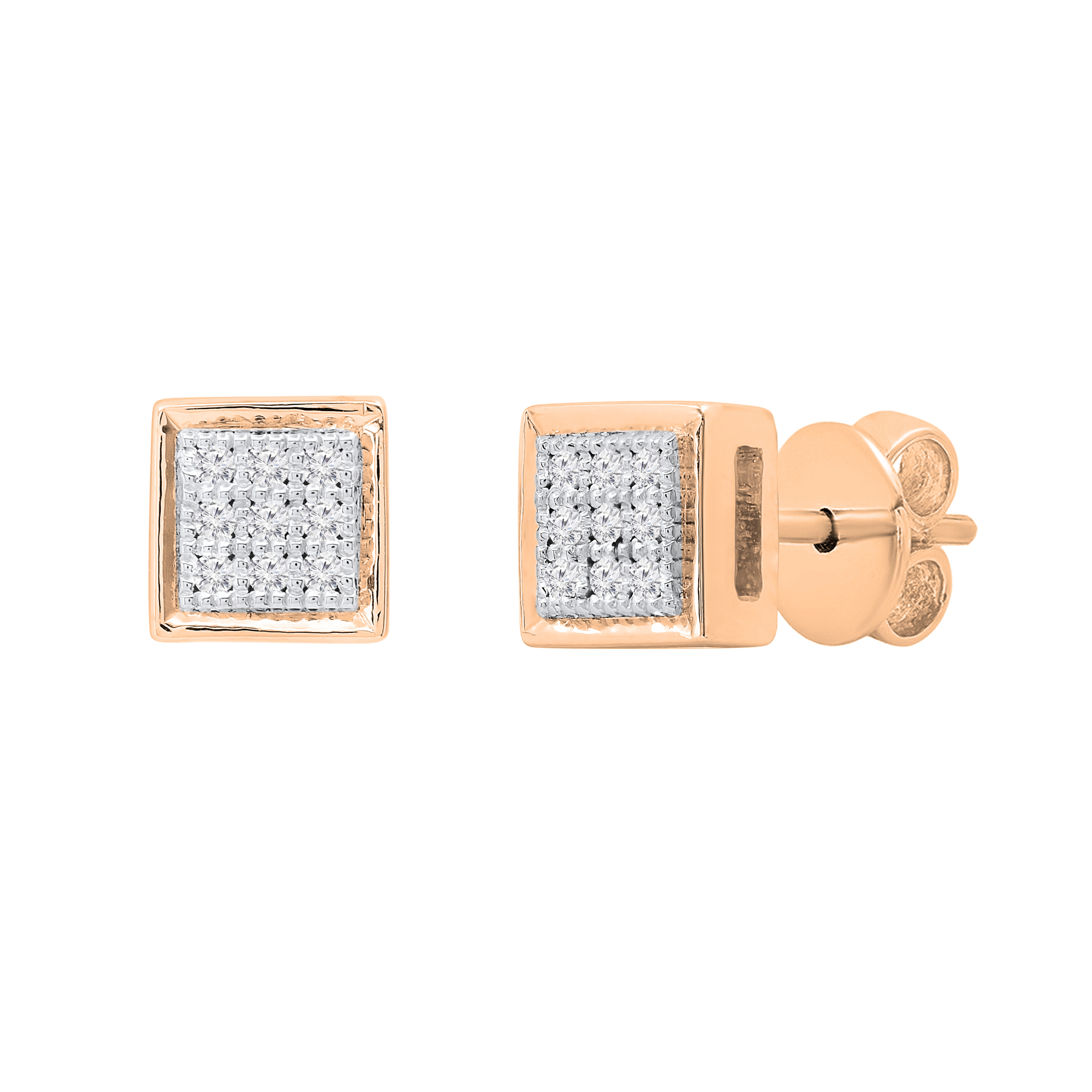 Round White Diamond Mini Square Cluster Ice Cube Shape Pushback Stud  Earrings for Her (0.05 ctw Color I-J Clarity I1-I2) | 14K Rose Gold