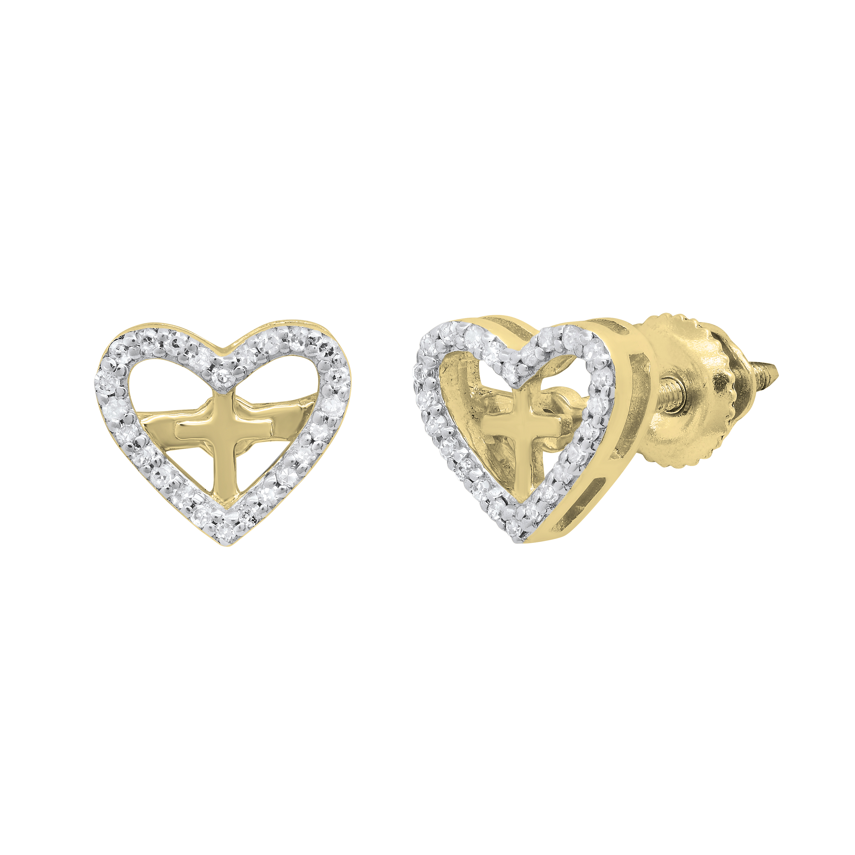 Heart 14k Yellow Gold Stud Earrings in White Diamonds