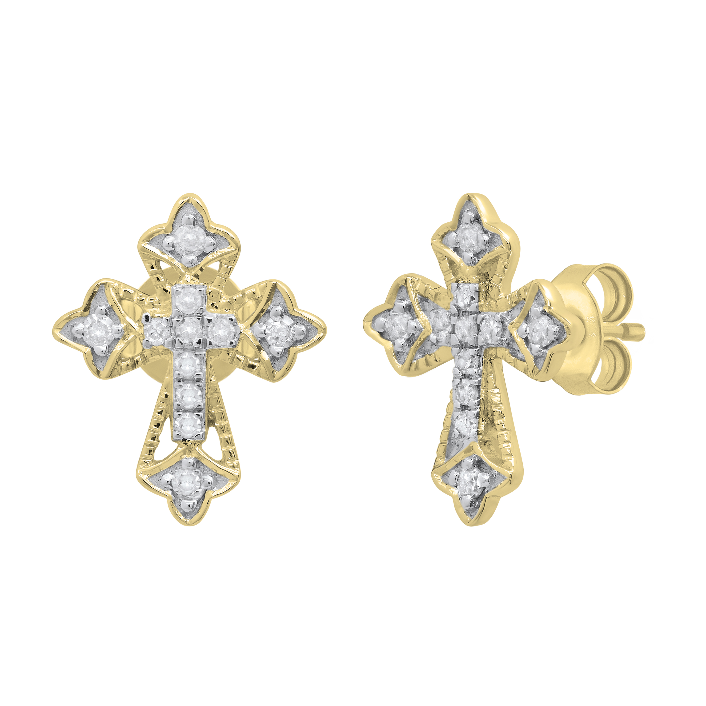 Cross 14k Yellow Gold Stud Earrings in White Diamond