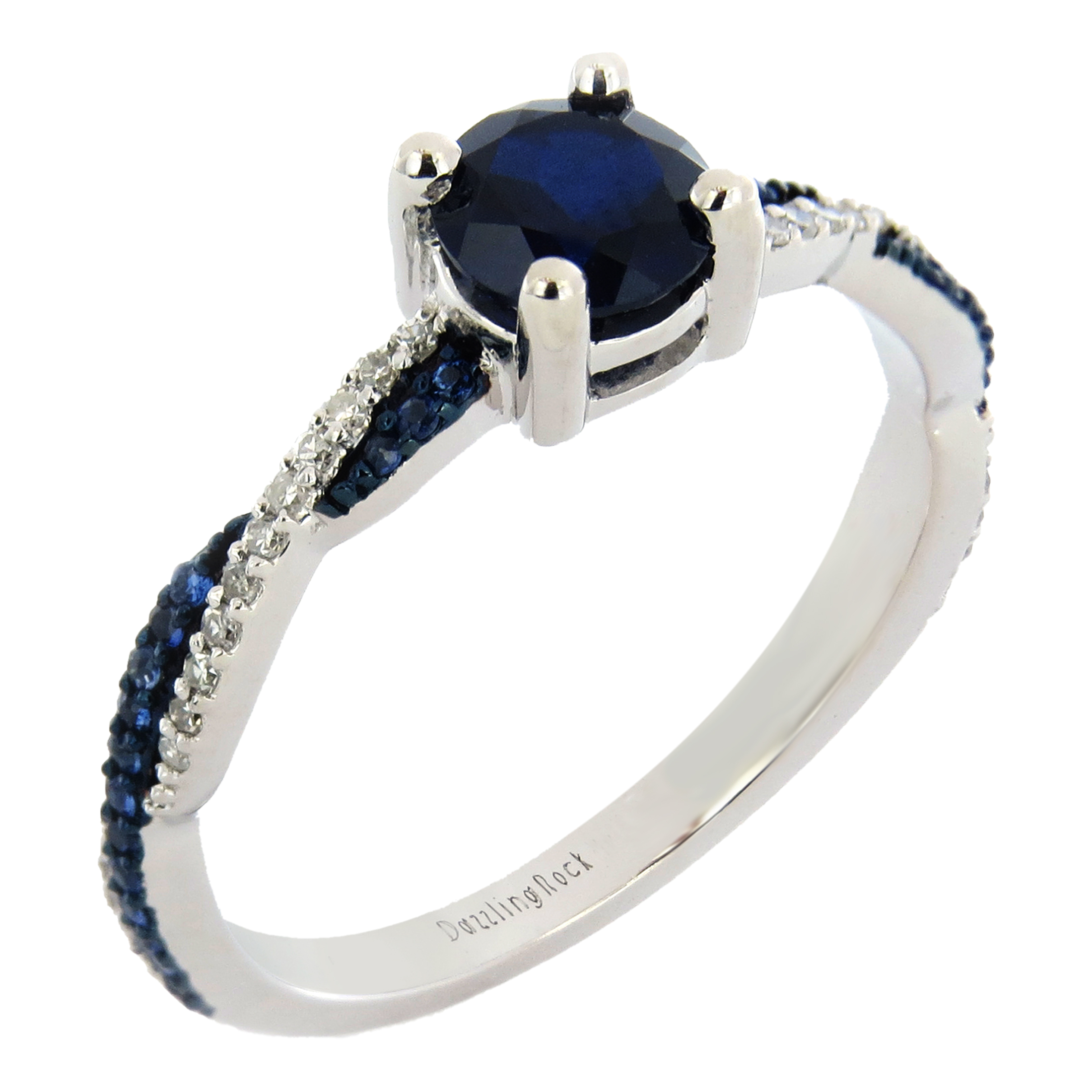 5mm Round Center Lab Created Blue Sapphire with Natural Blue Sapphire &  Round Natural White Diamond Swirl Split Shank Engagement Ring for Women in  10K 